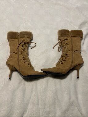 Vintage Suede Lace-Up Mid-Calf Heeled Boots in Tan